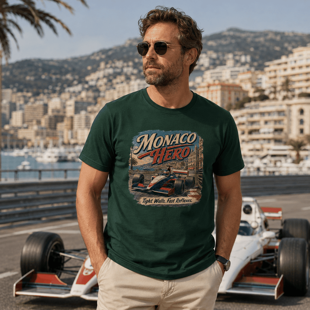 Model wearing Camberline Cars Monaco Hero Tight Walls Fast Reflexes Formula Racing T-Shirt in Forest Green