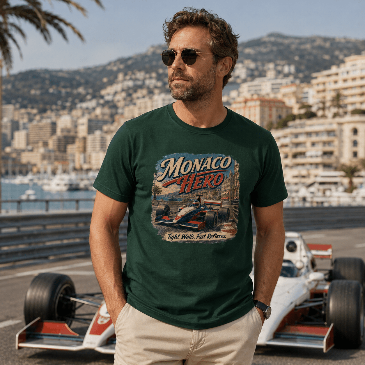 Model wearing Camberline Cars Monaco Hero Tight Walls Fast Reflexes Formula Racing T-Shirt in Forest Green