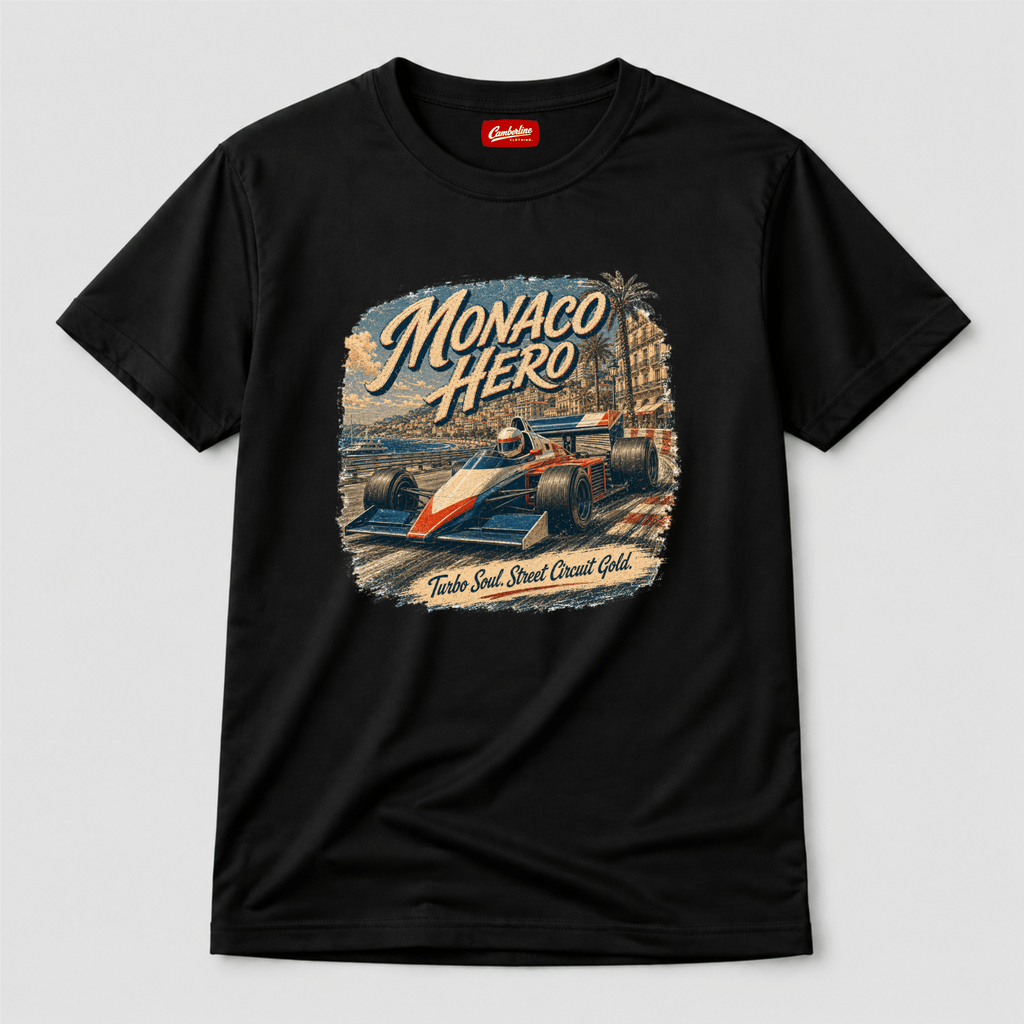 Camberline Cars Monaco Hero Turbo Soul Street Circuit Gold Formula Racing T-Shirt in Black showing front graphic