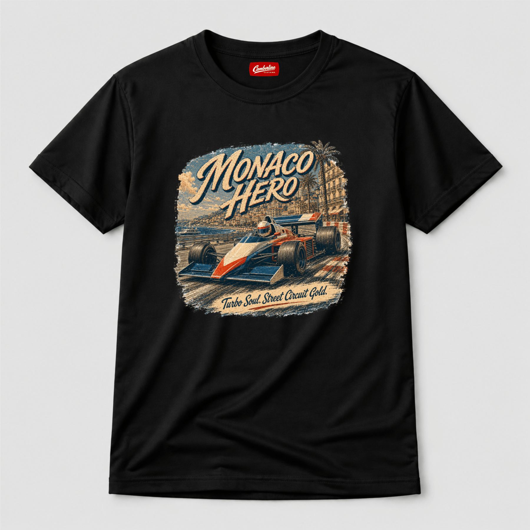 Camberline Cars Monaco Hero Turbo Soul Street Circuit Gold Formula Racing T-Shirt in Black showing front graphic