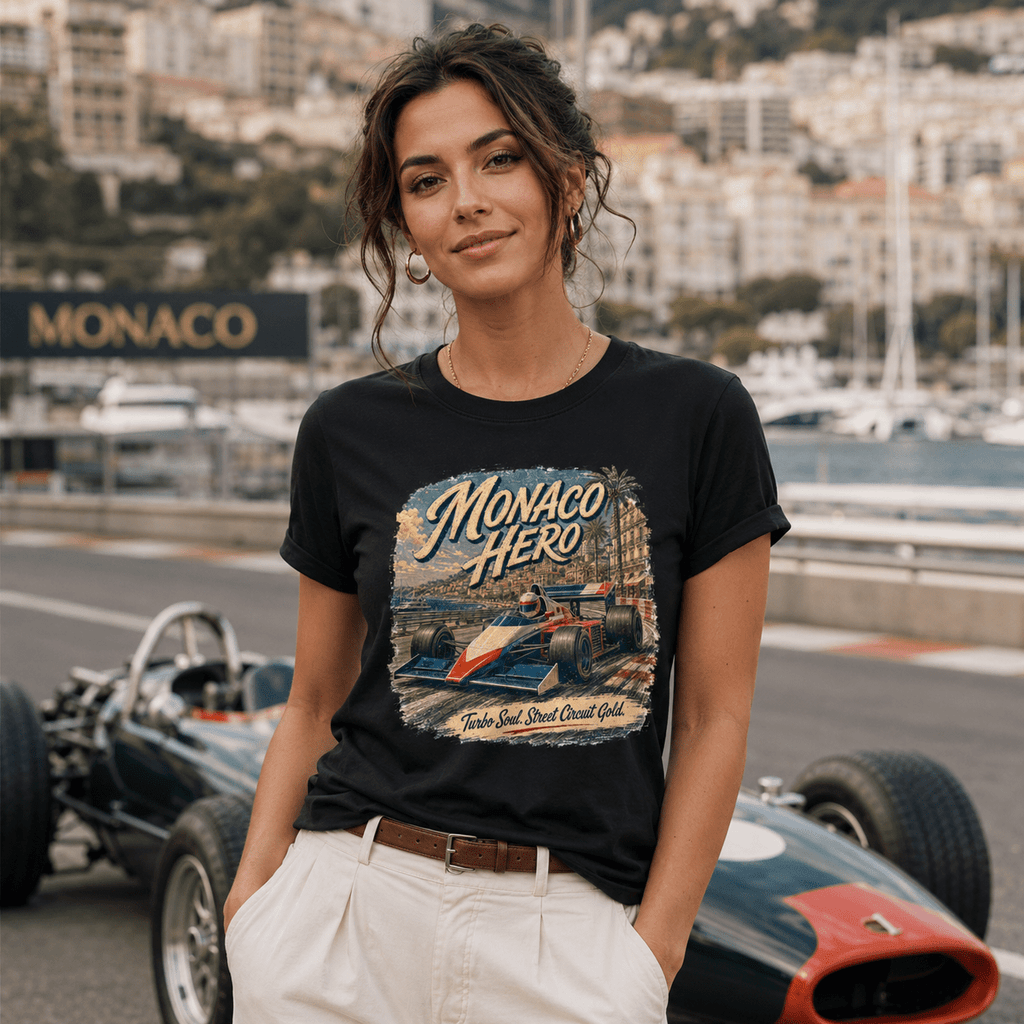 Model wearing Camberline Cars Monaco Hero Turbo Soul Street Circuit Gold Formula Racing T-Shirt in Black