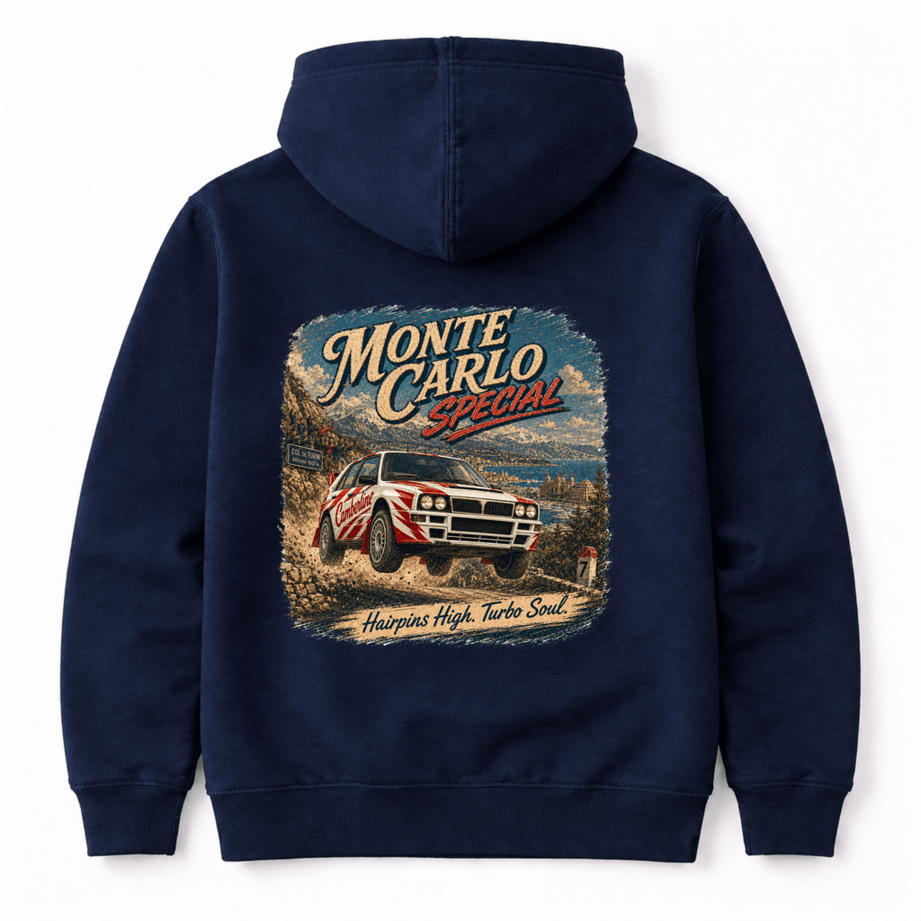 Camberline Cars Monte Carlo Special Hairpins High Turbo Soul Rally Hoodie in Navy showing back graphic