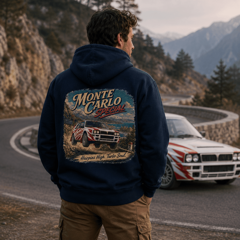 Model wearing Camberline Cars Monte Carlo Special Hairpins High Turbo Soul Rally Hoodie in Navy