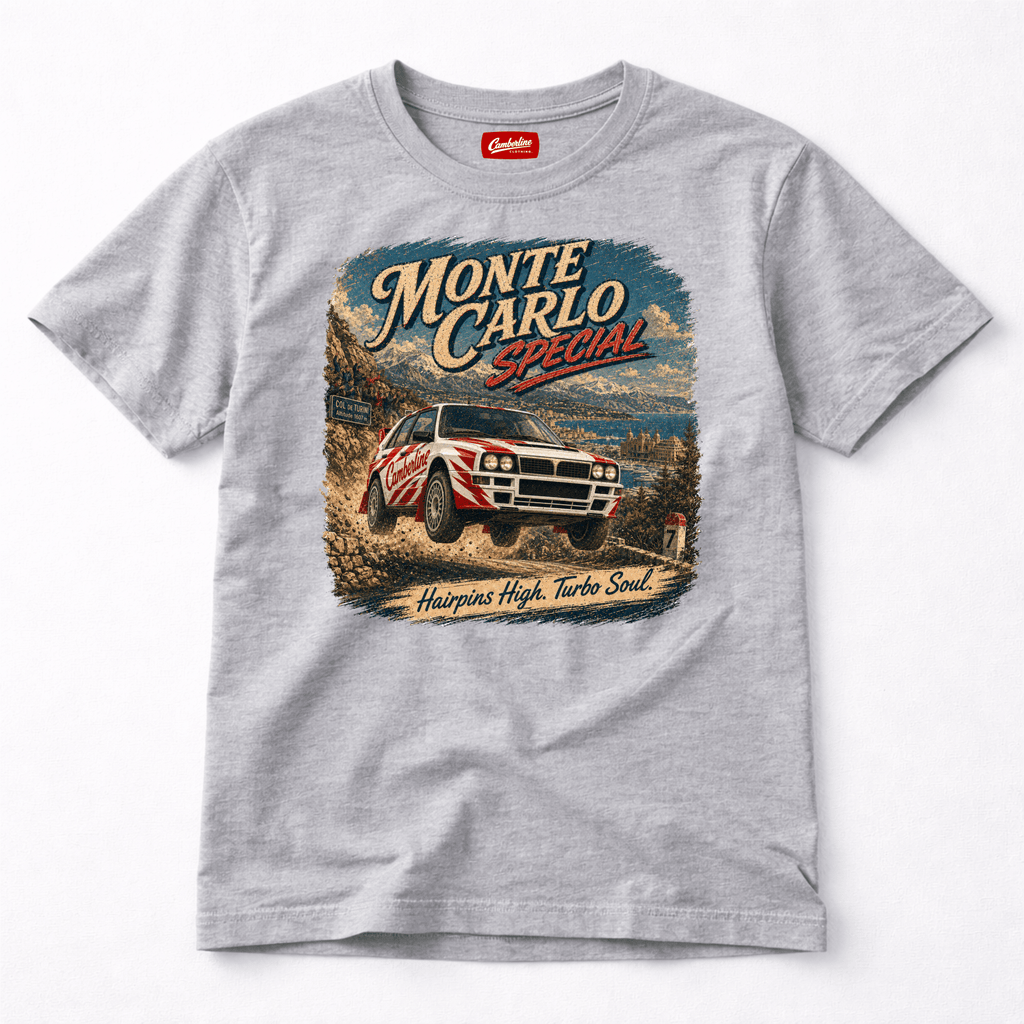 Camberline Cars Monte Carlo Special Hairpins High Turbo Soul Rally T-Shirt in Sport Grey showing front graphic