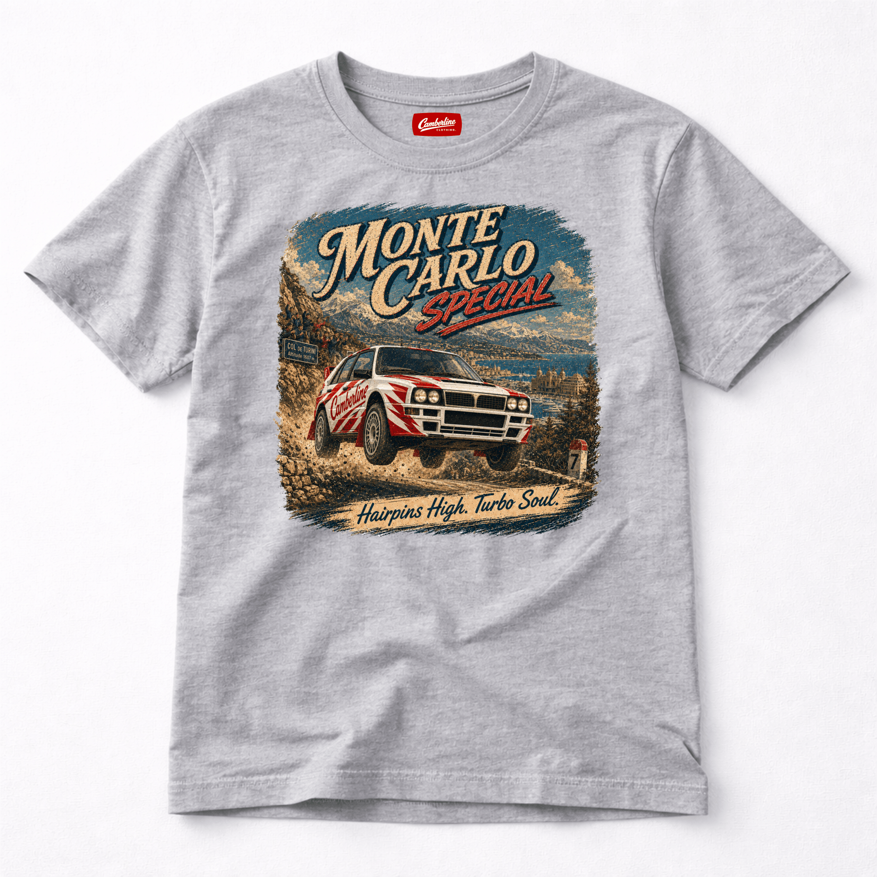 Camberline Cars Monte Carlo Special Hairpins High Turbo Soul Rally T-Shirt in Sport Grey showing front graphic