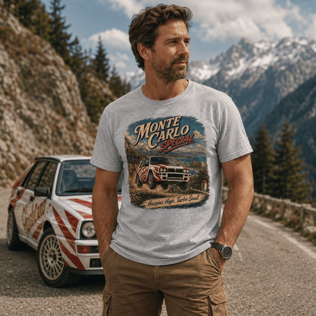 Model wearing Camberline Cars Monte Carlo Special Hairpins High Turbo Soul Rally T-Shirt in Sport Grey
