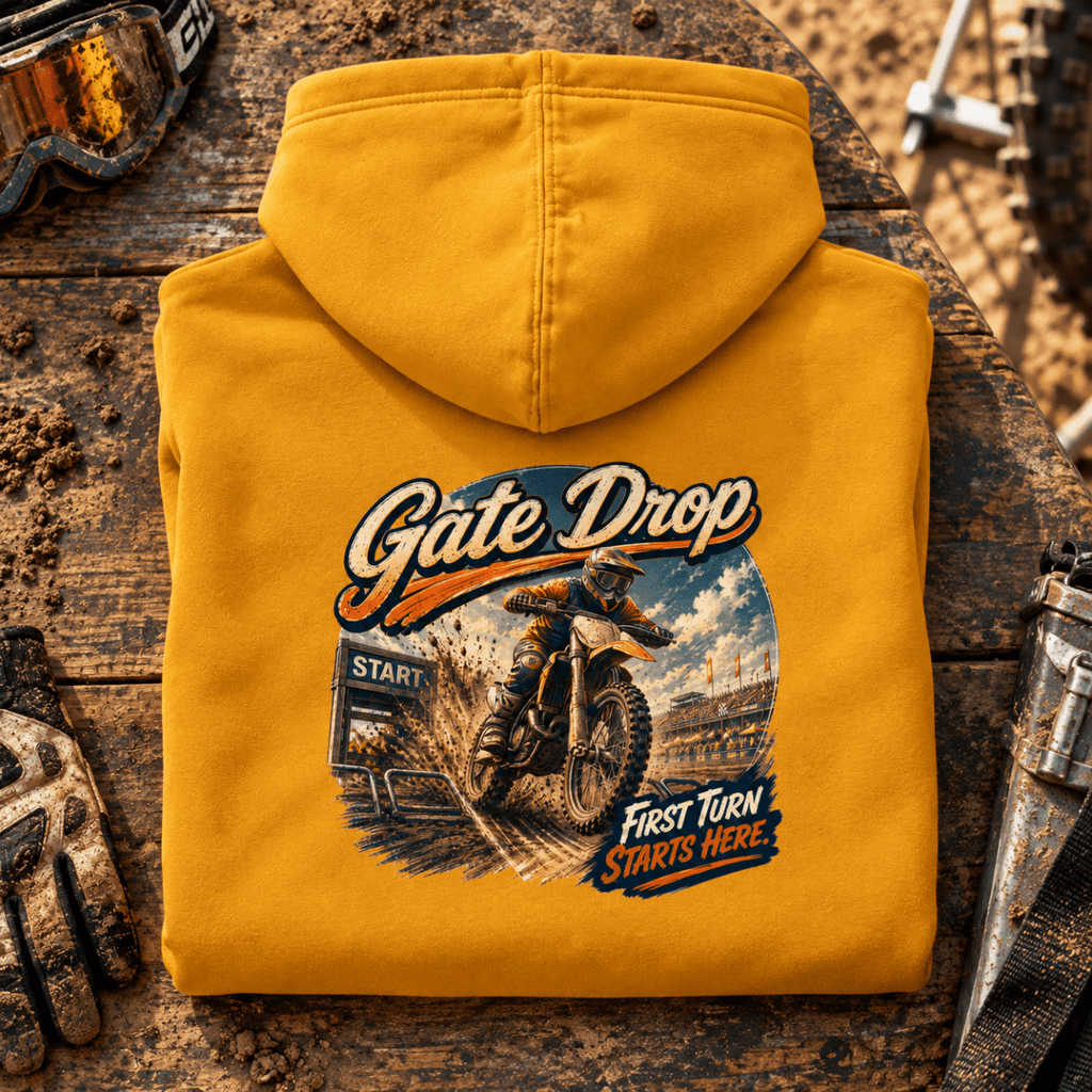 Camberline Motocross Motorcycle Graphic Hoodie - Gate Drop mustard themed garment hero