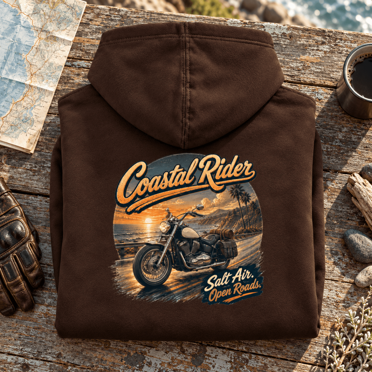 Camberline Motorcycle Graphic Hoodie - Coastal Open Road brown themed garment hero
