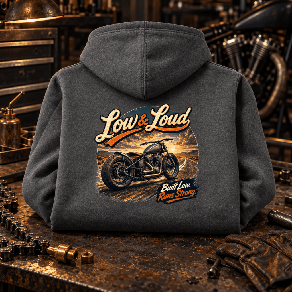 Camberline Motorcycle Graphic Hoodie - Low and Loud Bobber Charcoal charcoal themed garment hero