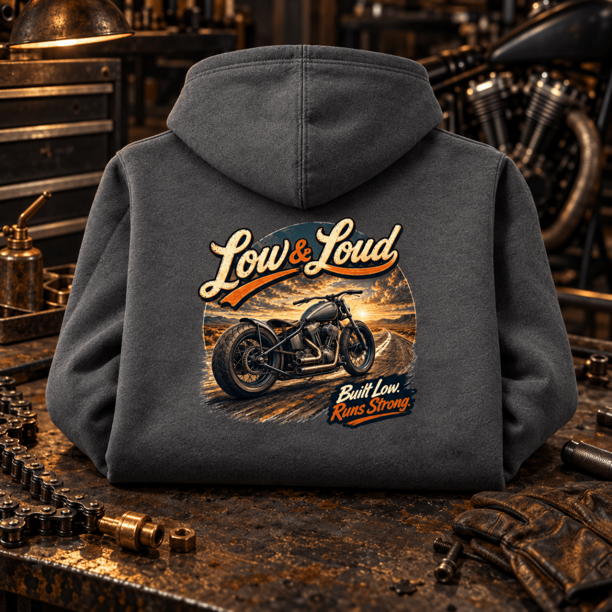 Camberline Motorcycle Graphic Hoodie - Low and Loud Bobber Charcoal charcoal themed garment hero