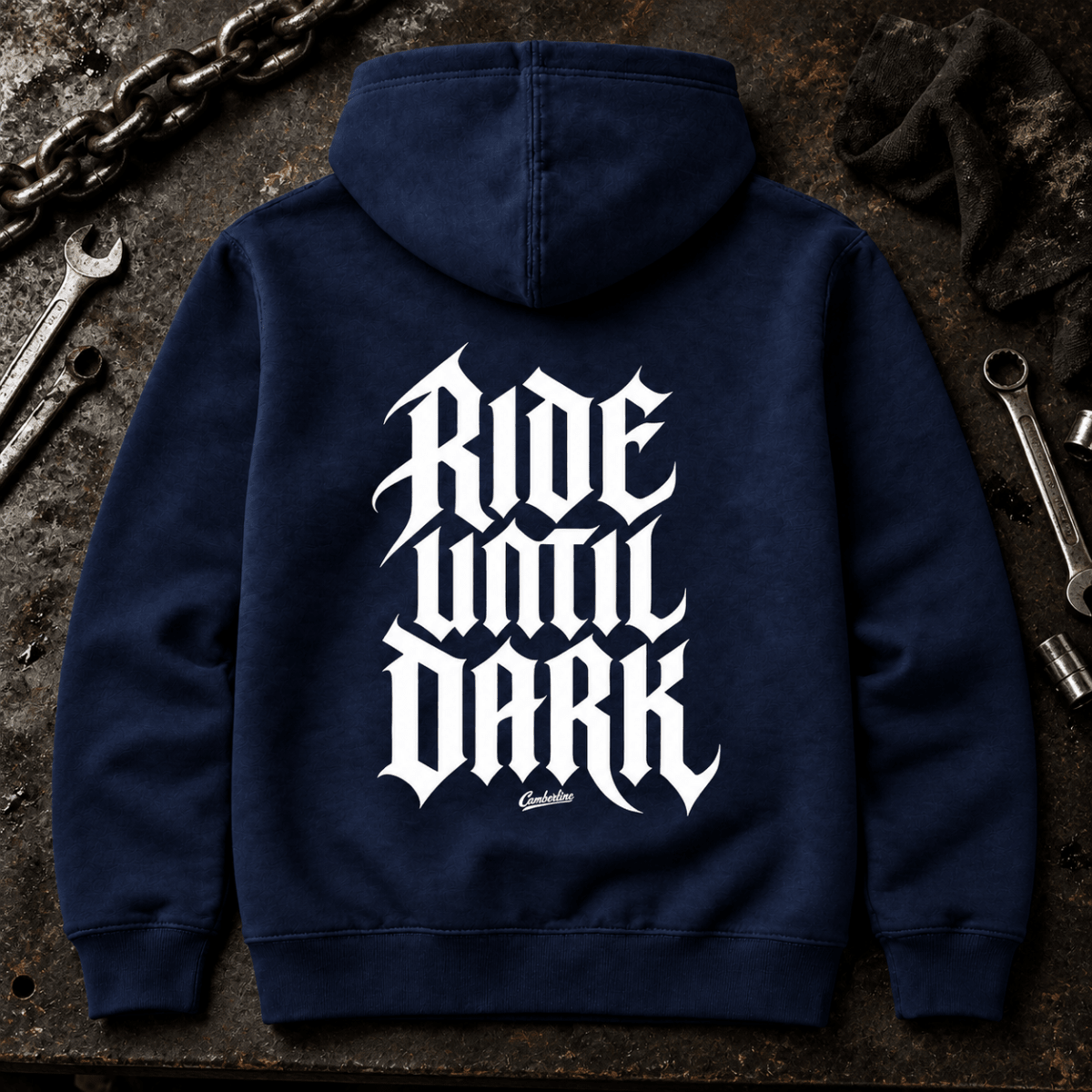 Camberline Motorcycle Graphic Hoodie - Ride Until Dark Gothic Typography navy themed garment hero