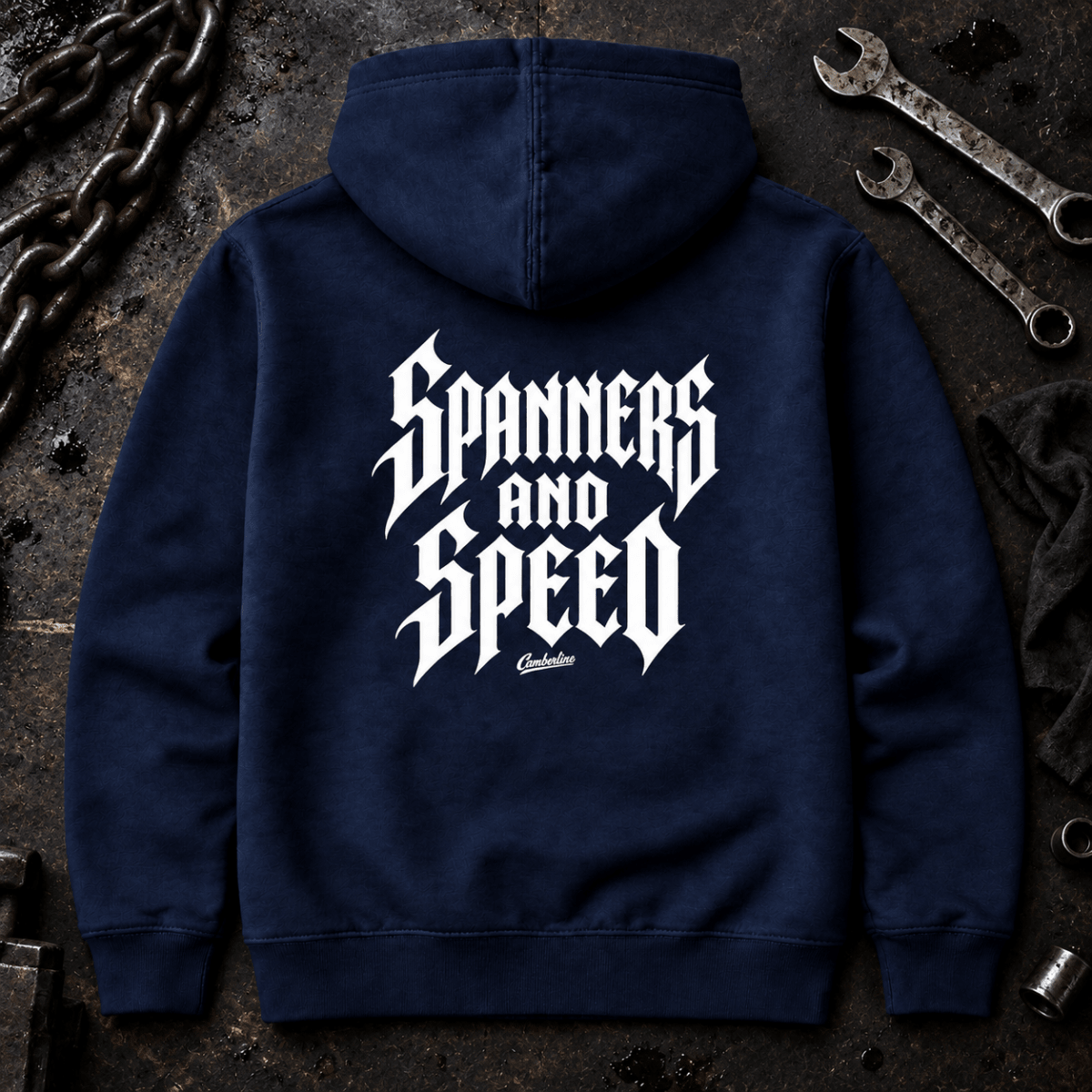Camberline Motorcycle Graphic Hoodie - Spanners and Speed Gothic Typography navy themed garment hero