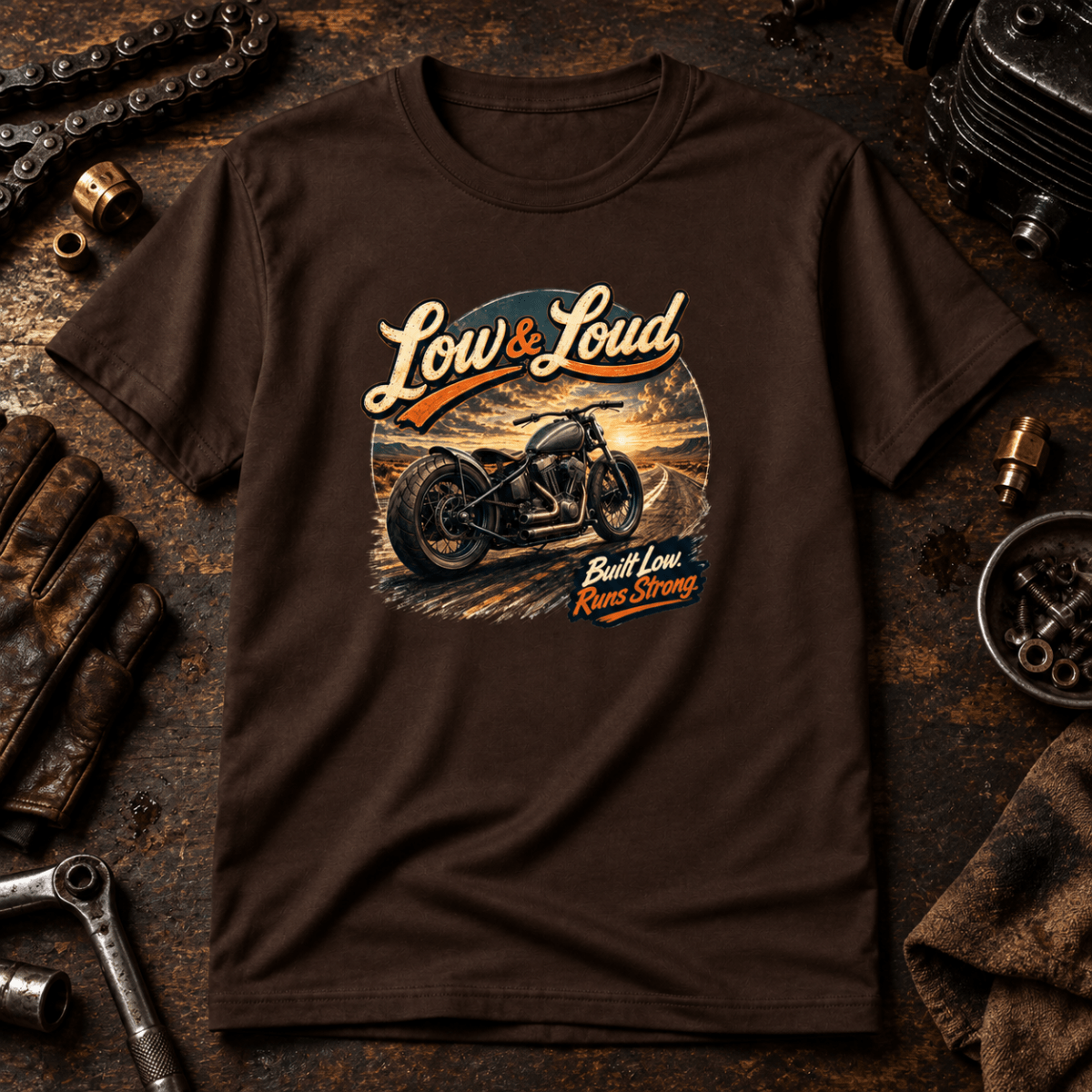 Camberline Motorcycle Graphic T-Shirt - Low and Loud Bobber brown themed garment hero