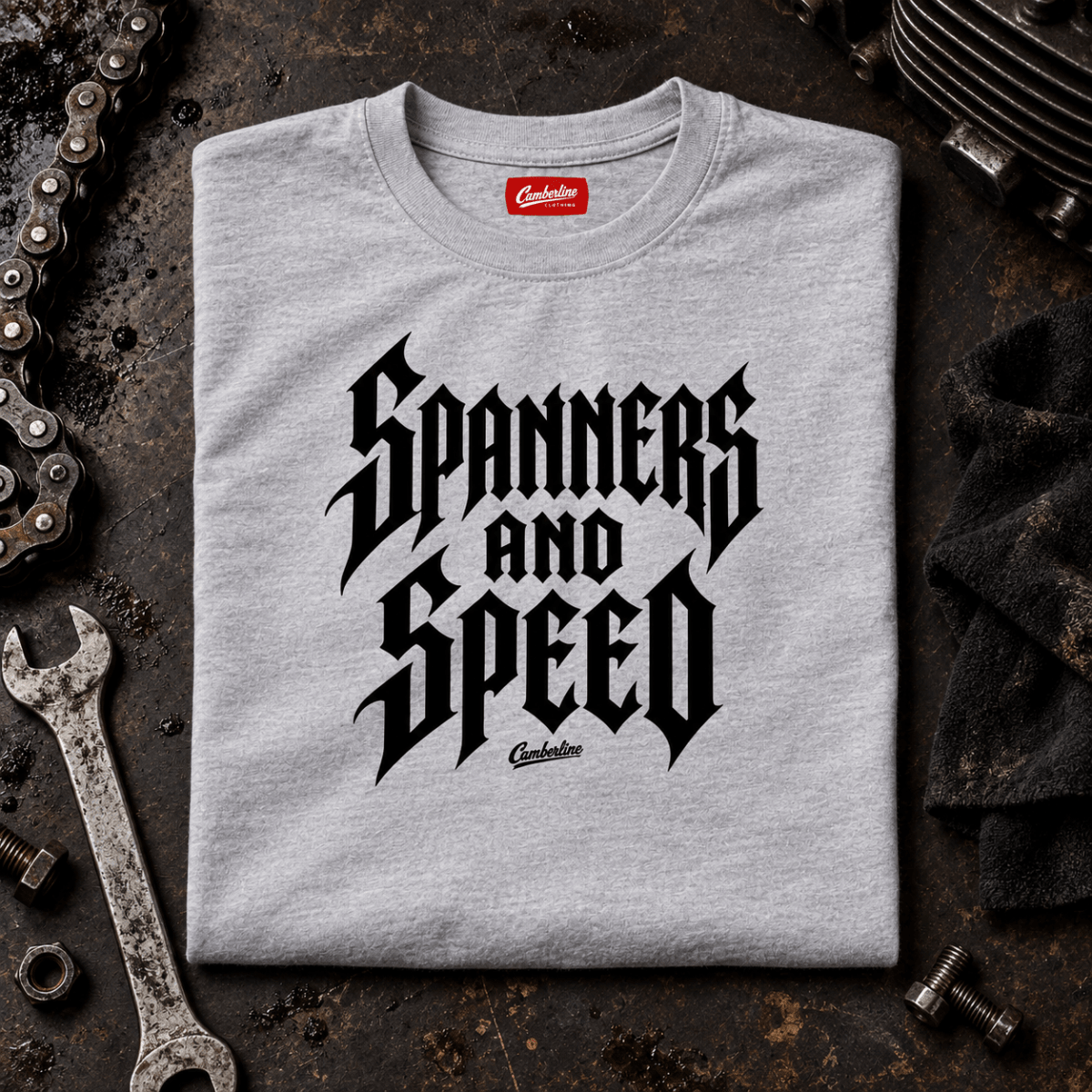 Camberline Motorcycle Graphic T-Shirt - Spanners and Speed Gothic Typography grey themed garment hero
