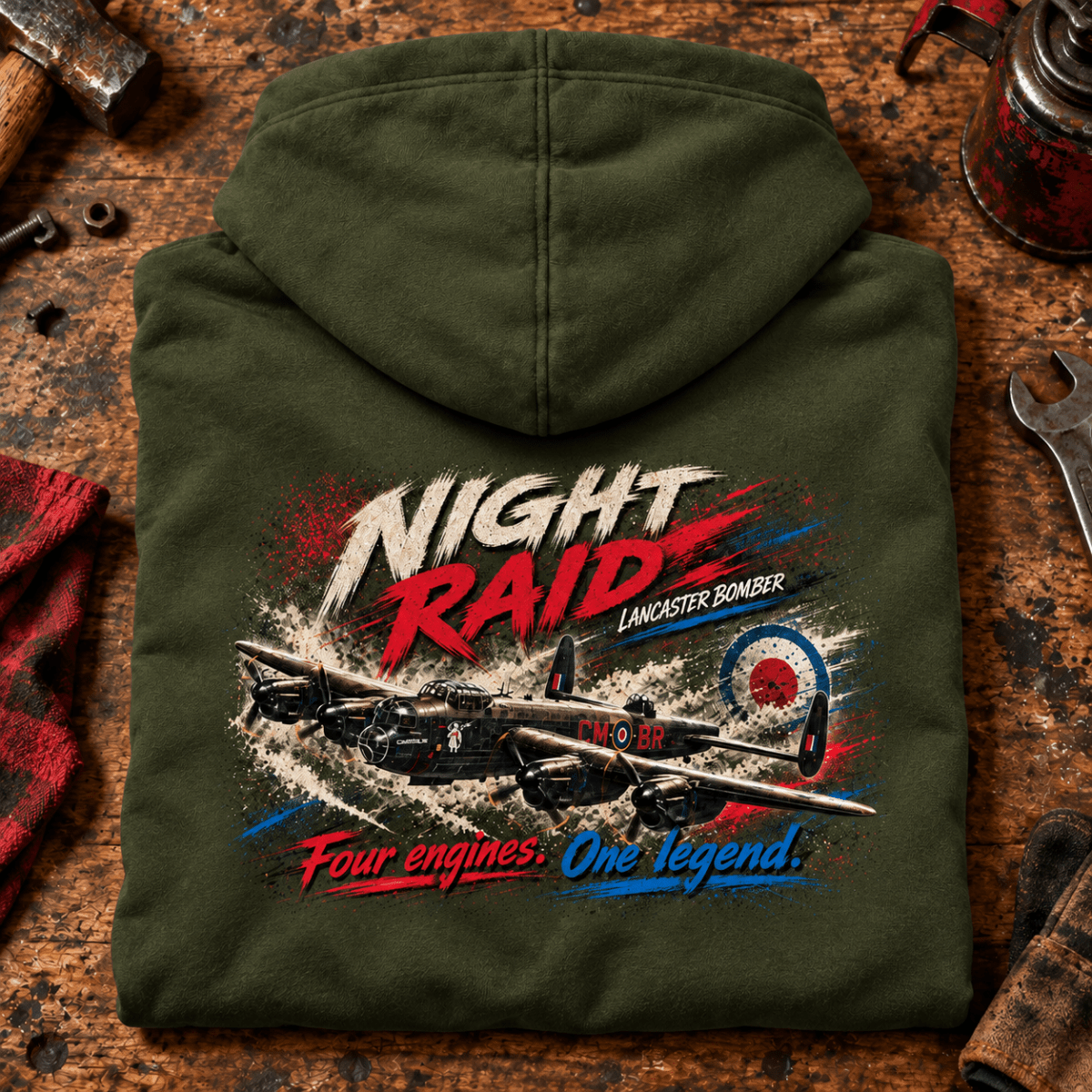 Lancaster Bomber Night Raid hoodie in Military Green, folded on a workshop bench, showing the back print
