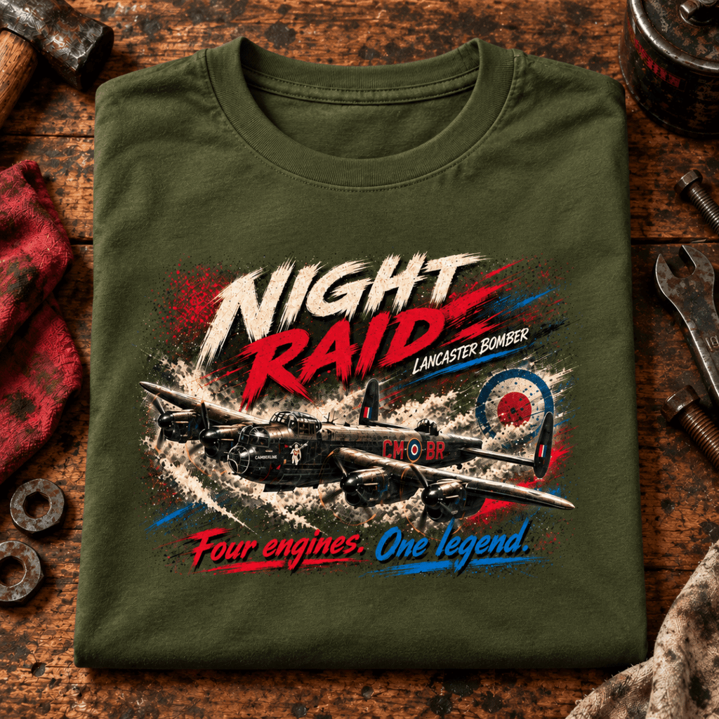 Lancaster Bomber Night Raid t-shirt in Military Green, folded on a workshop bench, showing the front print