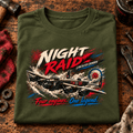Lancaster Bomber Night Raid t-shirt in Military Green, folded on a workshop bench, showing the front print