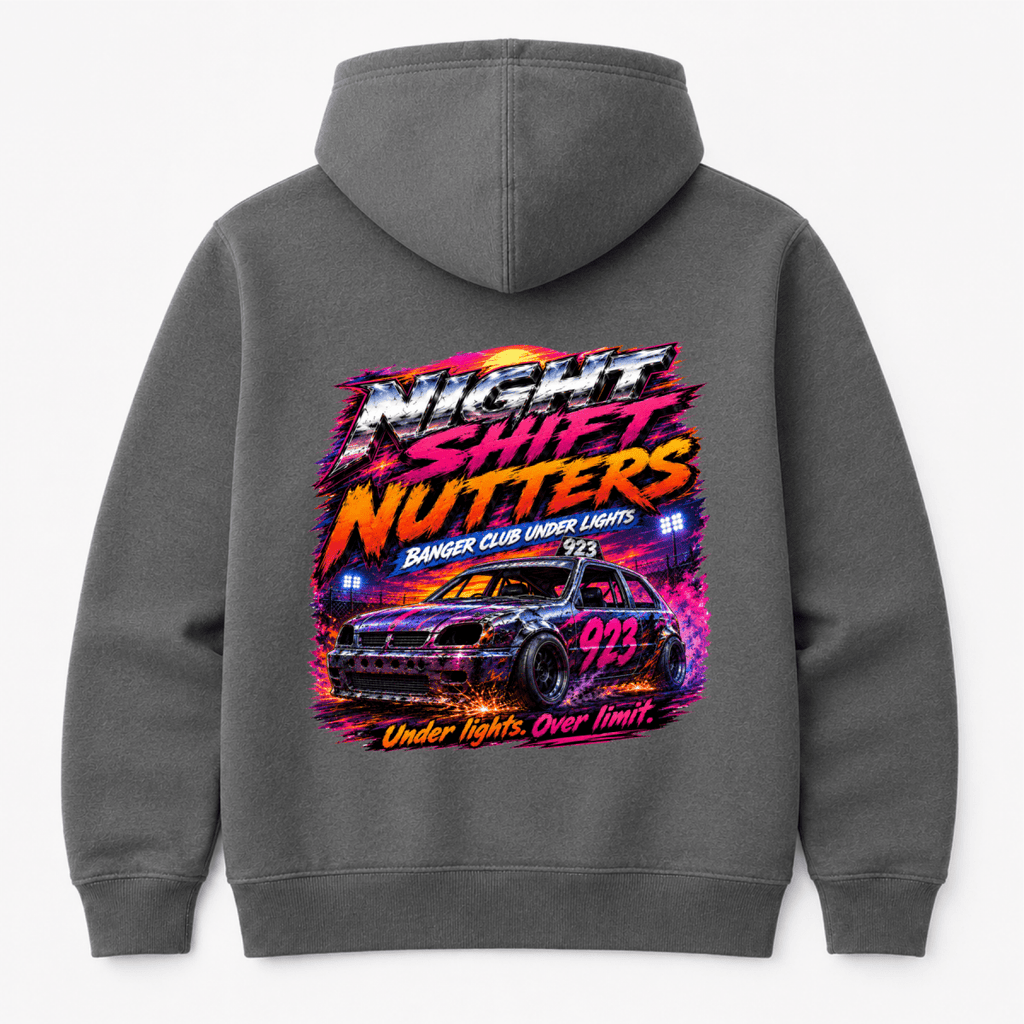 Camberline Night Shift Nutters Banger Club Charcoal Grey hoodie, back graphic for British oval racing fans