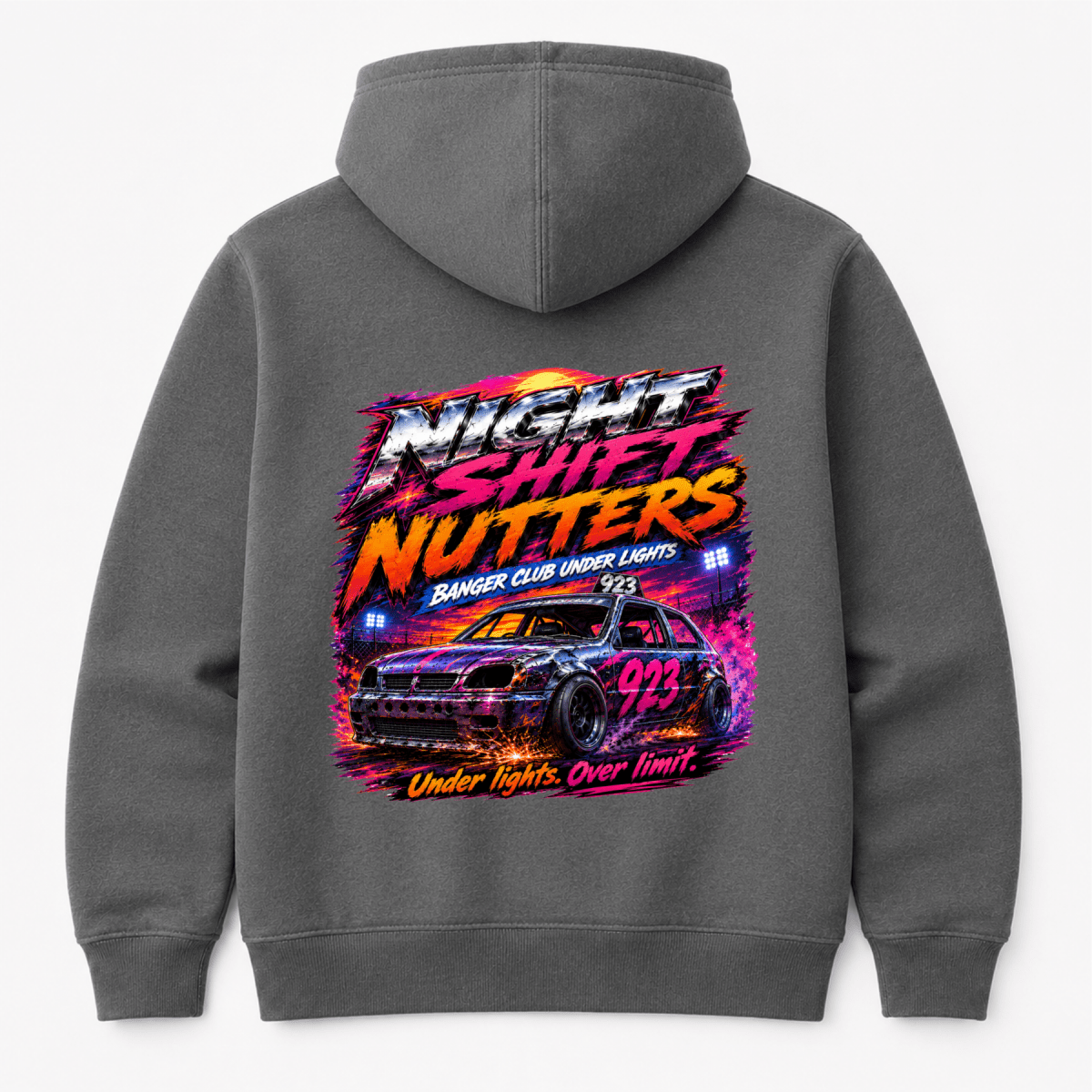 Camberline Night Shift Nutters Banger Club Charcoal Grey hoodie, back graphic for British oval racing fans