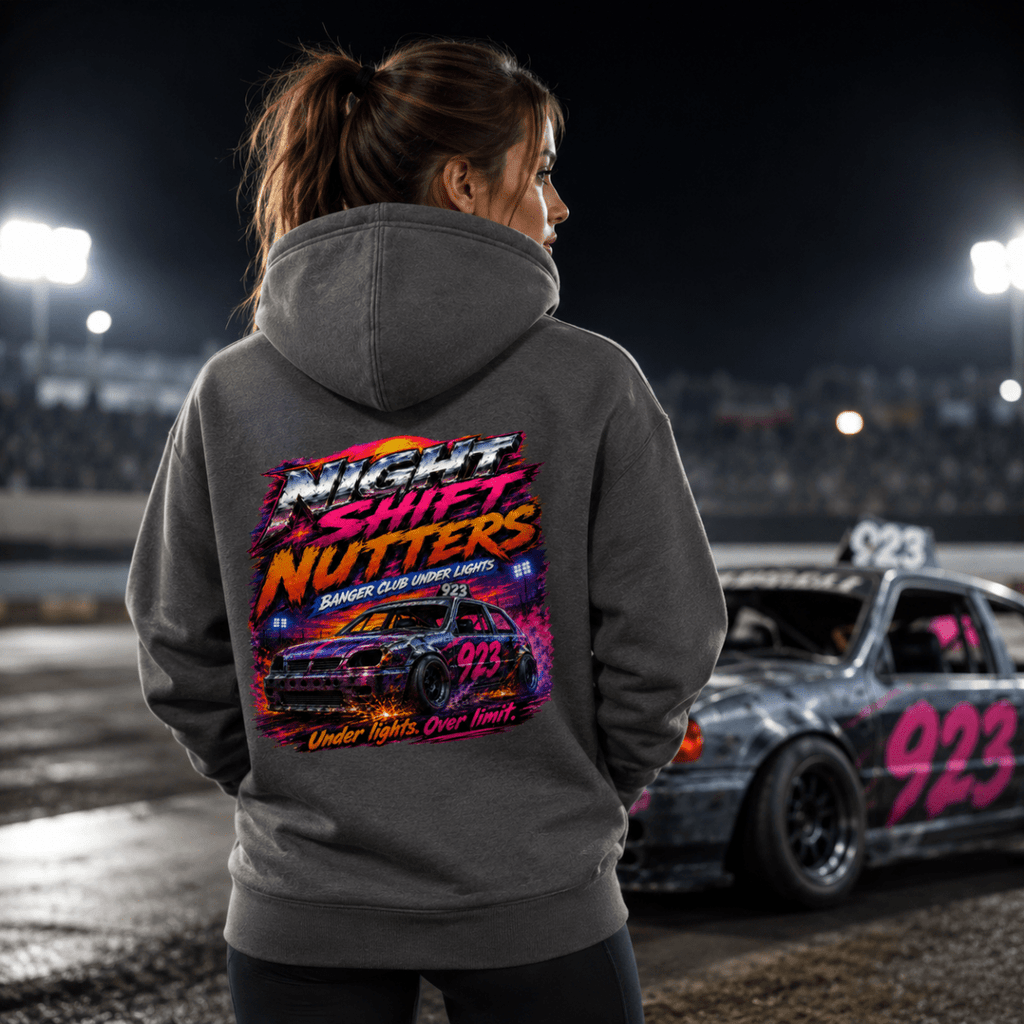 Model wearing Camberline Charcoal Grey hoodie showing Night Shift Nutters Banger Club British oval racing back graphic