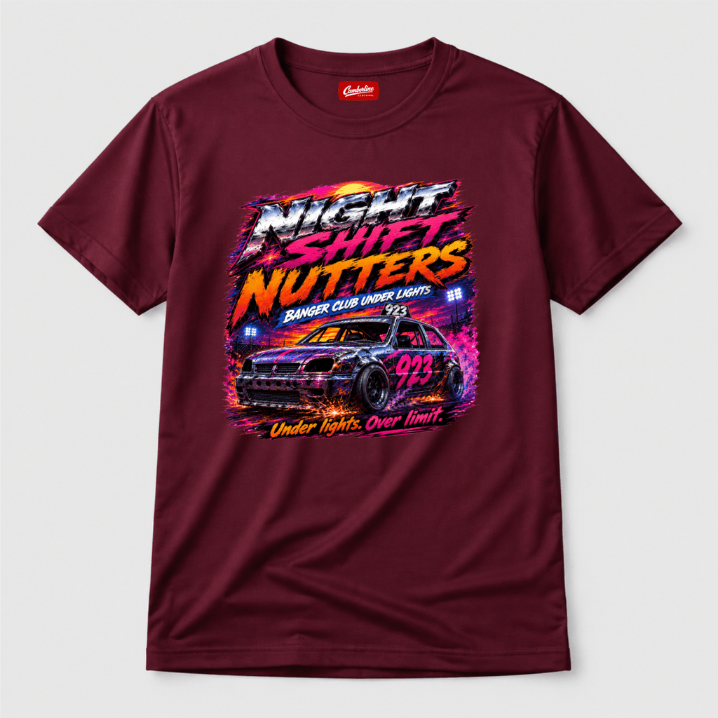 Camberline Night Shift Nutters Banger Club Burgundy t-shirt, front graphic for British oval racing fans