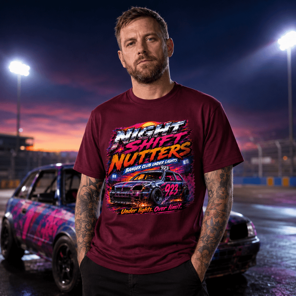 Model wearing Camberline Burgundy t-shirt showing Night Shift Nutters Banger Club British oval racing front graphic