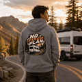 Model wearing Camberline grey van life hoodie showing No Fixed Plan circular badge with van on pine mountain road on back