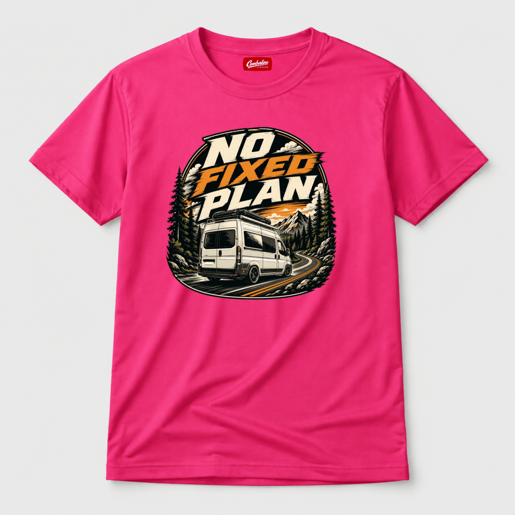 Camberline No Fixed Plan circular badge with rear-view high-roof van on mountain road, pink t-shirt, front view
