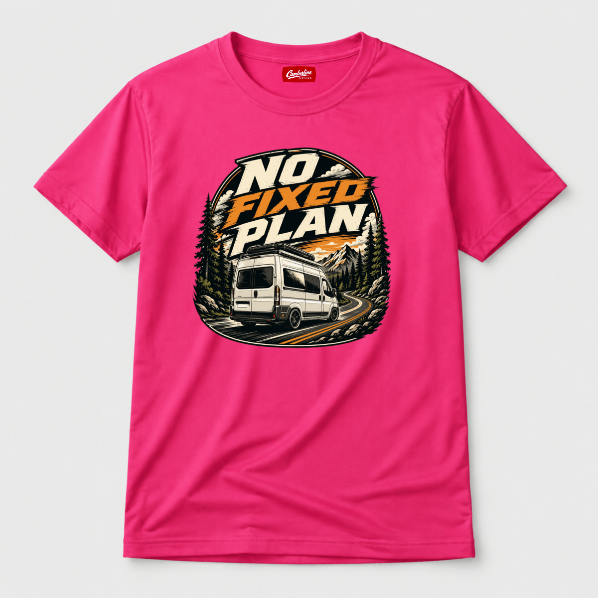 Camberline No Fixed Plan circular badge with rear-view high-roof van on mountain road, pink t-shirt, front view