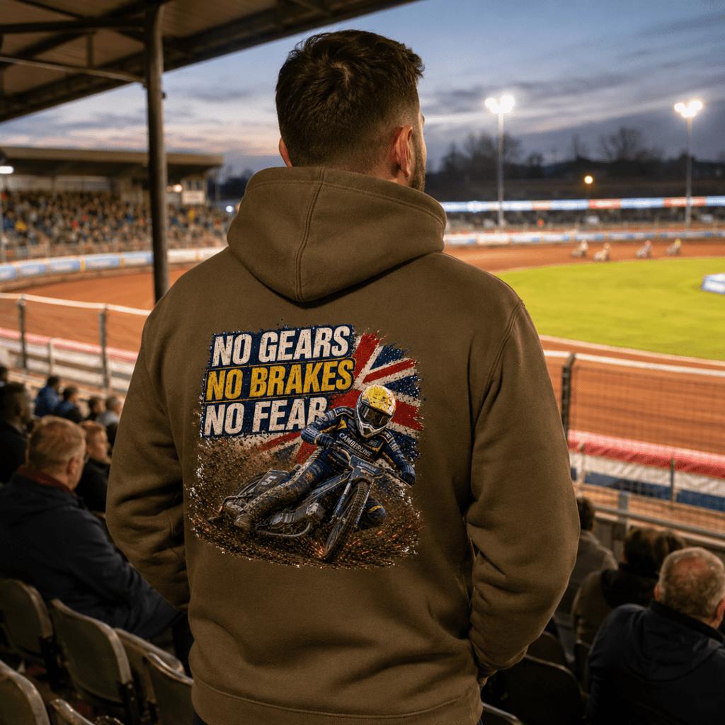 Model wearing Camberline hoodie showing No Gears No Brakes No Fear Speedway back graphic