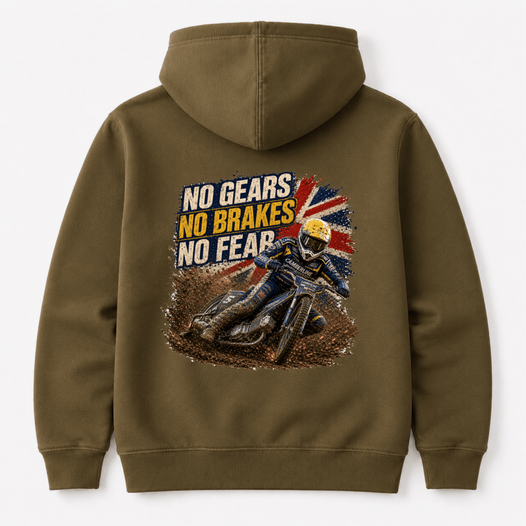 Olive Camberline hoodie showing No Gears No Brakes No Fear Speedway back graphic