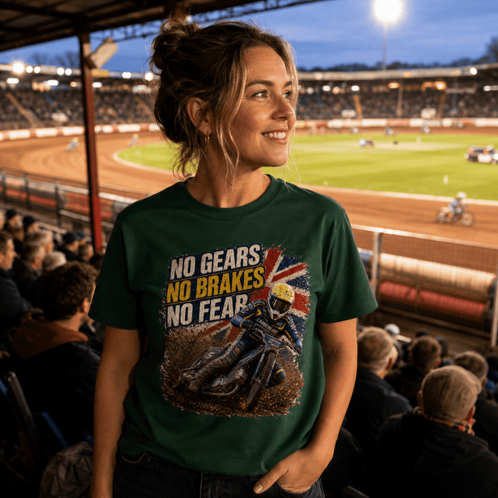 Model wearing Camberline t-shirt showing No Gears No Brakes No Fear Speedway front graphic