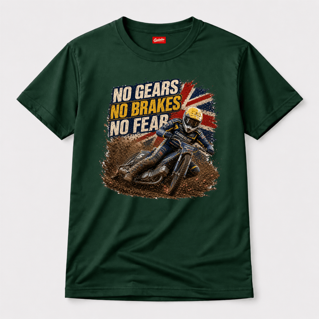 Forest Green Camberline t-shirt showing No Gears No Brakes No Fear Speedway front graphic