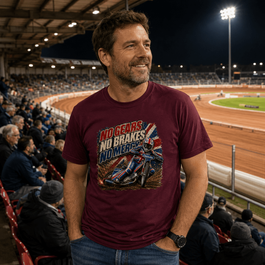 Model wearing Camberline t-shirt showing No Gears No Brakes No Mercy Speedway front graphic