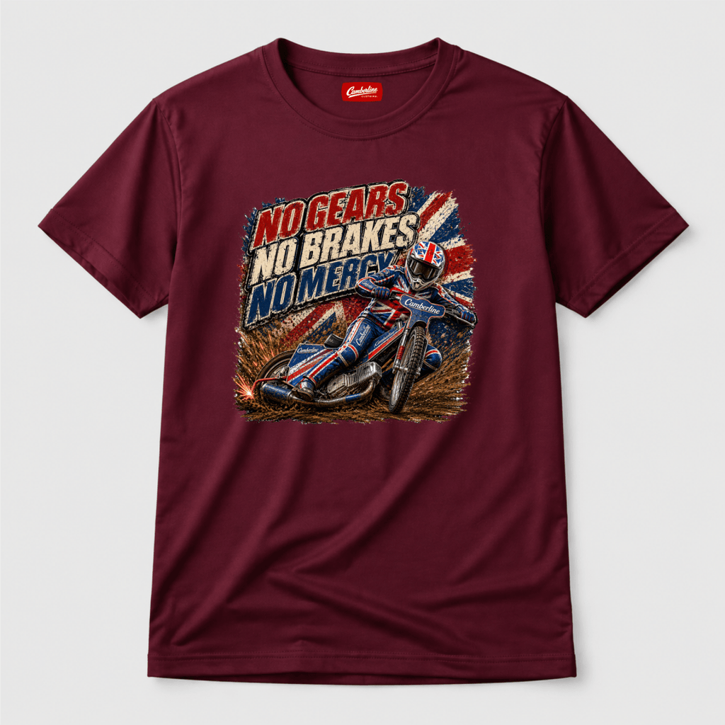 Maroon Camberline t-shirt showing No Gears No Brakes No Mercy Speedway front graphic