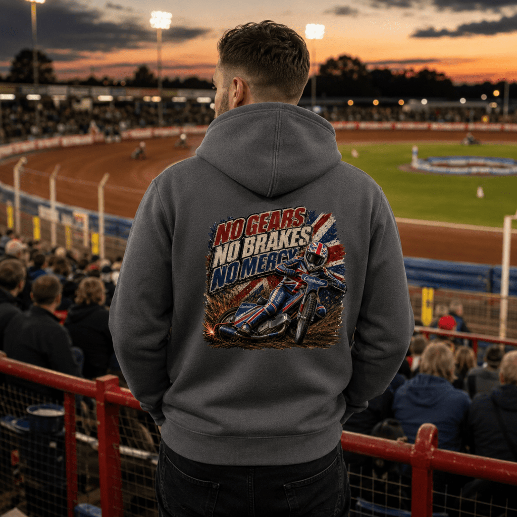 Model wearing Camberline hoodie showing No Gears No Brakes No Mercy Speedway back graphic