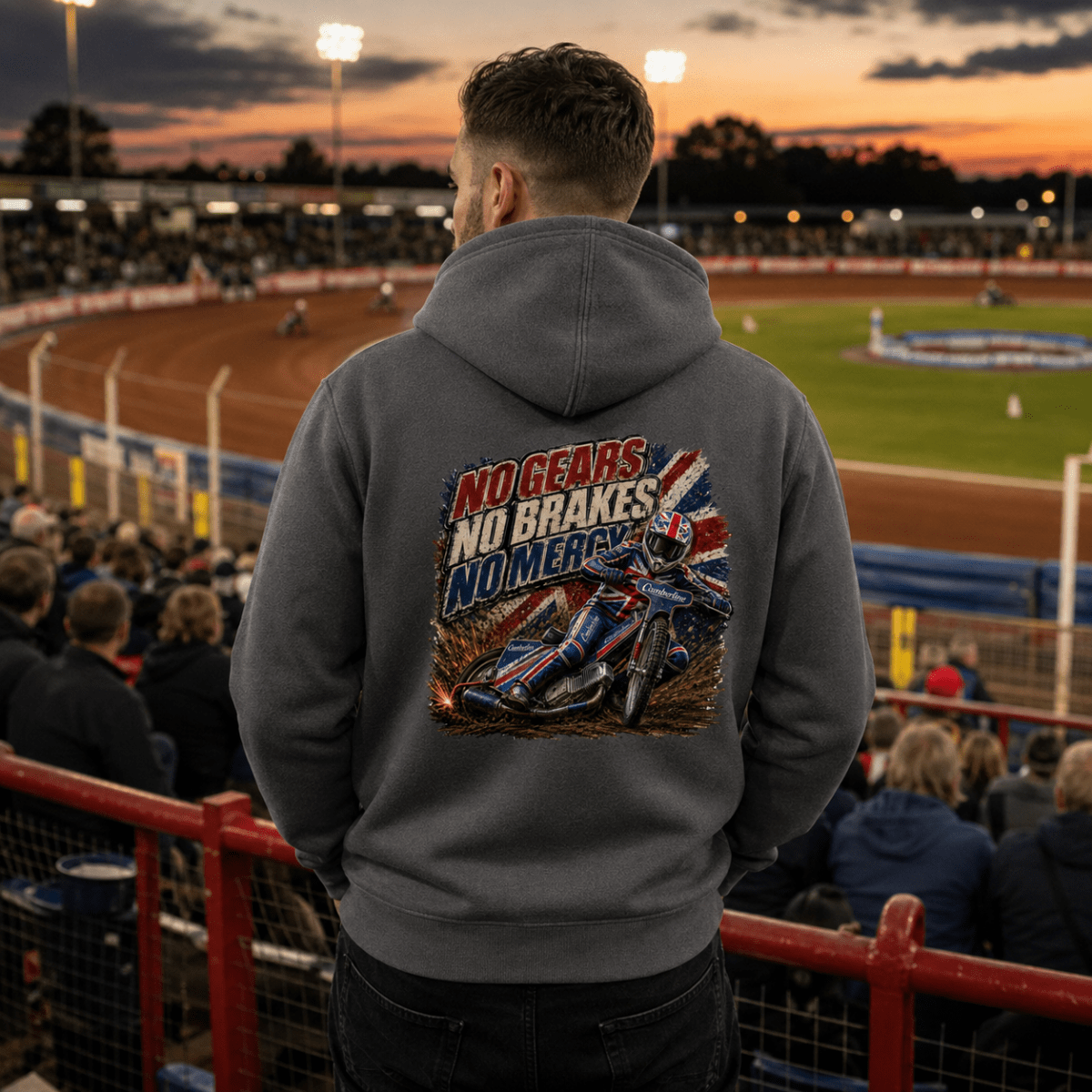 Model wearing Camberline hoodie showing No Gears No Brakes No Mercy Speedway back graphic