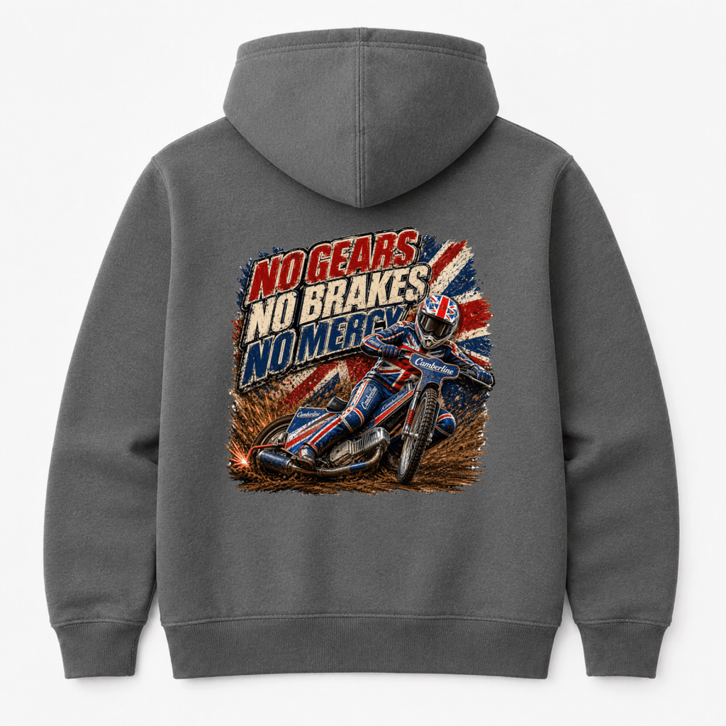 Charcoal Camberline hoodie showing No Gears No Brakes No Mercy Speedway back graphic