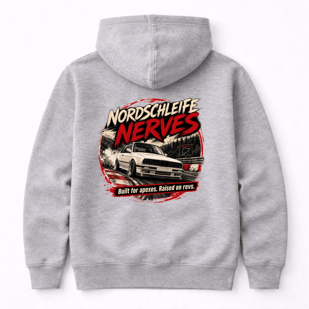 Camberline Cars Nordschleife Nerves Built For Apexes Raised On Revs Nürburgring Hoodie in Heather Grey showing back graphic