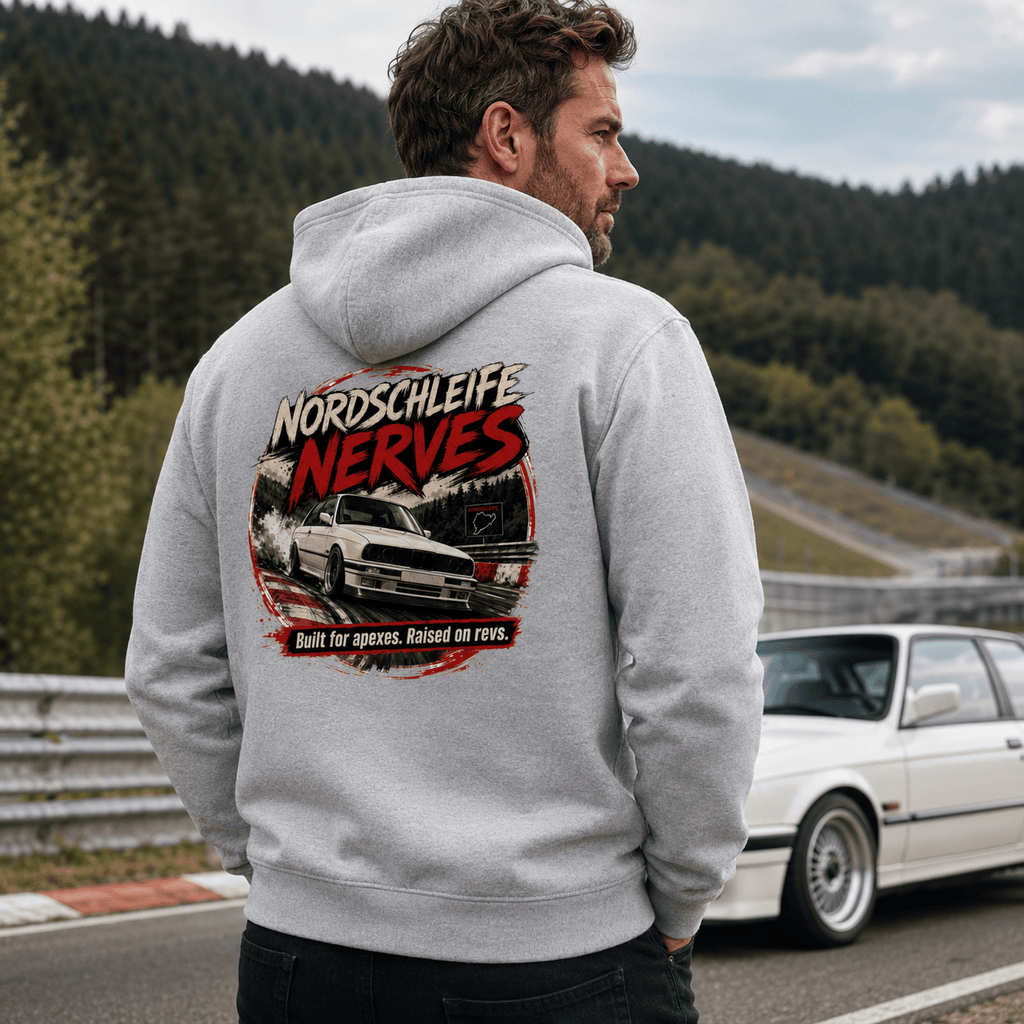 Model wearing Camberline Cars Nordschleife Nerves Built For Apexes Raised On Revs Nürburgring Hoodie in Heather Grey