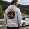 Model wearing Camberline Cars Nordschleife Nerves Built For Apexes Raised On Revs Nürburgring Hoodie in Heather Grey