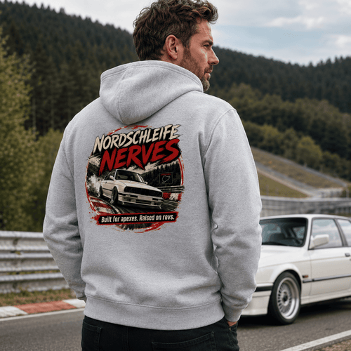 Model wearing Camberline Cars Nordschleife Nerves Built For Apexes Raised On Revs Nürburgring Hoodie in Heather Grey