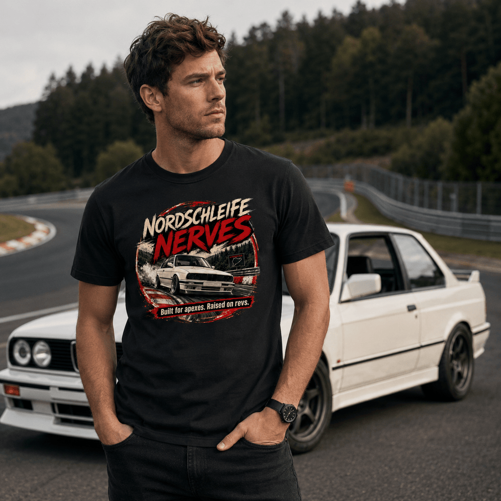 Model wearing Camberline Cars Nordschleife Nerves Built For Apexes Raised On Revs Nürburgring T-Shirt in Black
