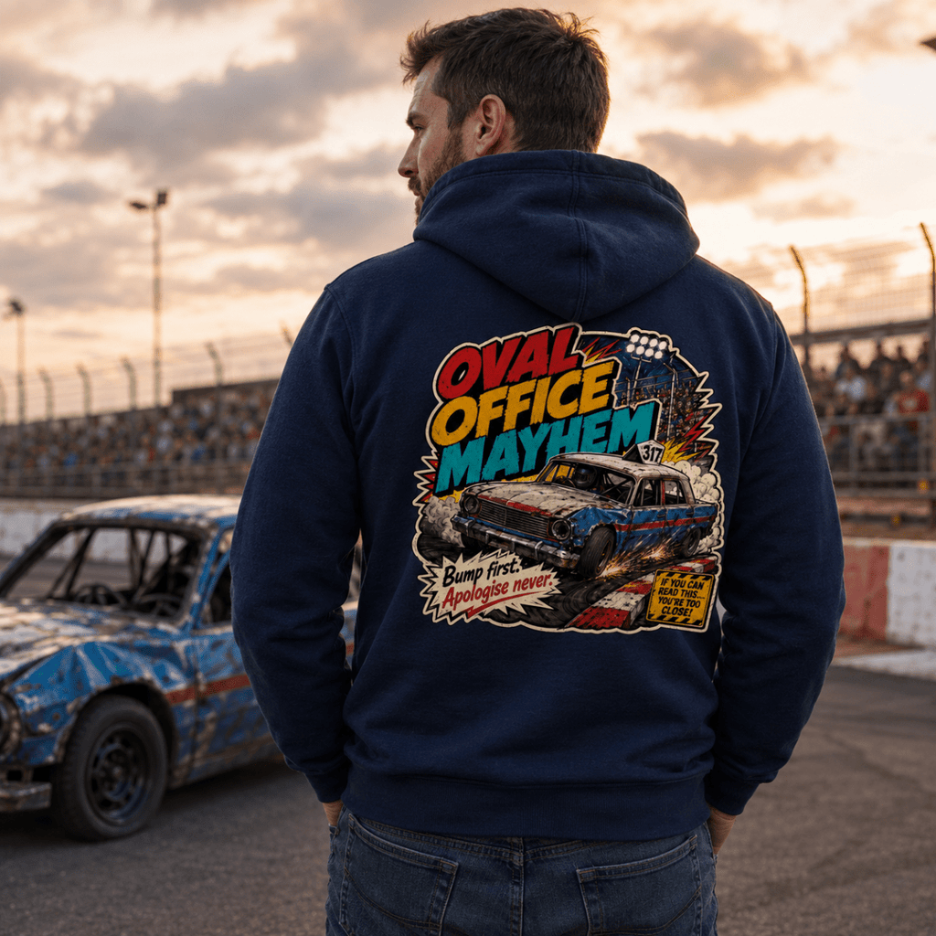 Model wearing Camberline Navy hoodie showing Oval Office Mayhem Comic British oval racing back graphic