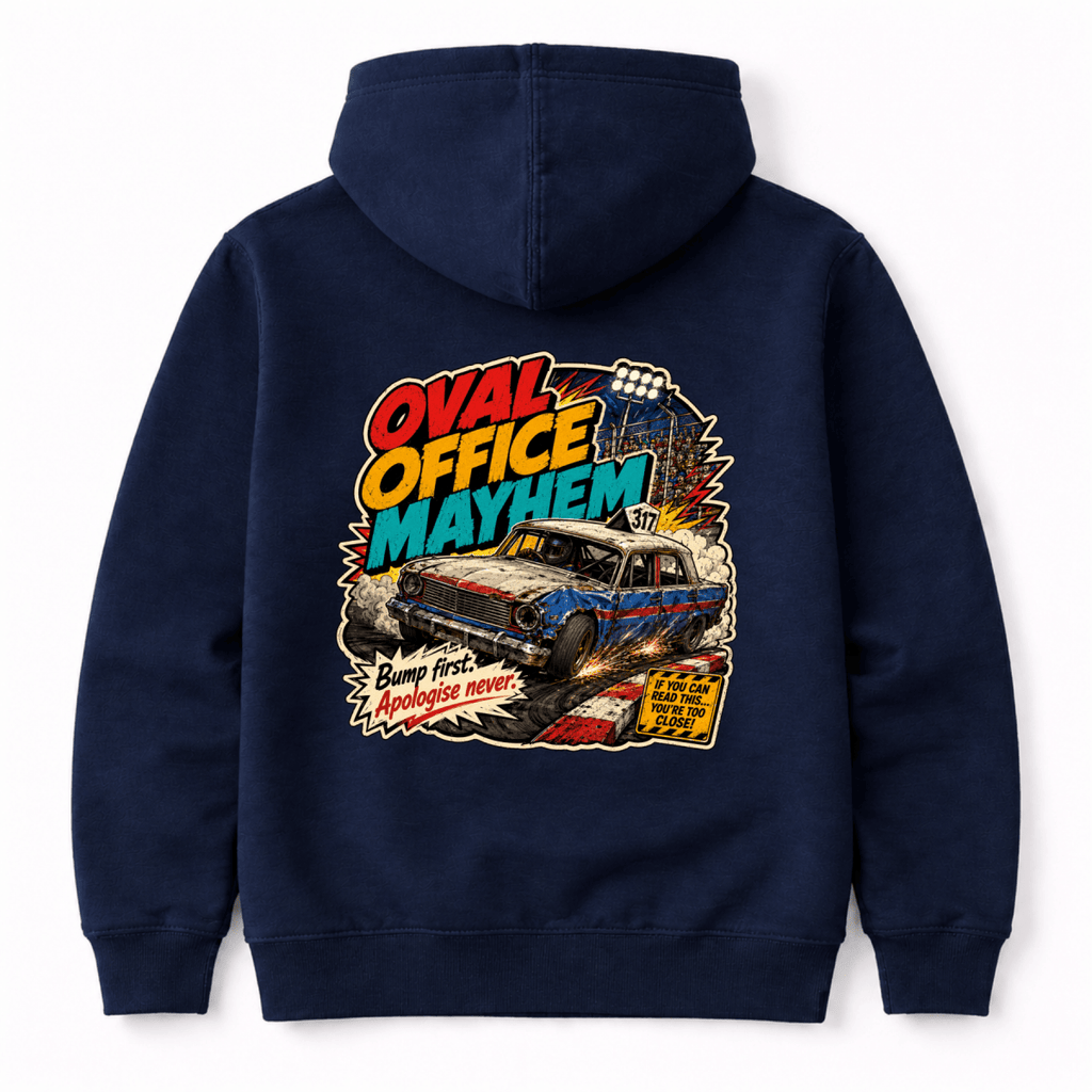 Camberline Oval Office Mayhem Comic Navy hoodie, back graphic for British oval racing fans