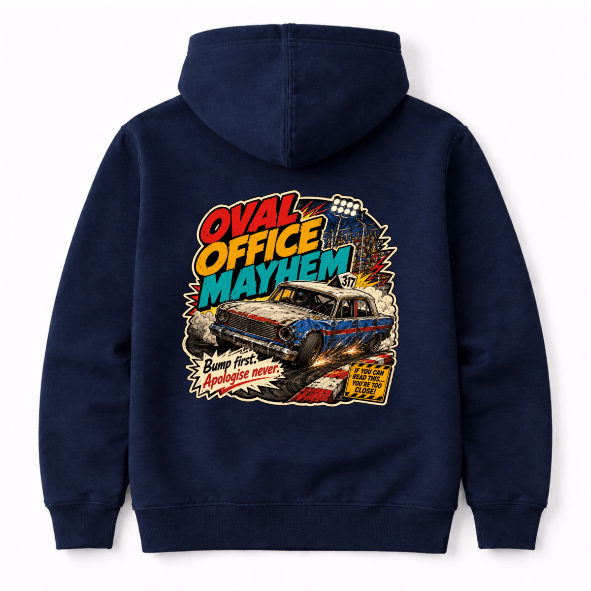 Camberline Oval Office Mayhem Comic Navy hoodie, back graphic for British oval racing fans