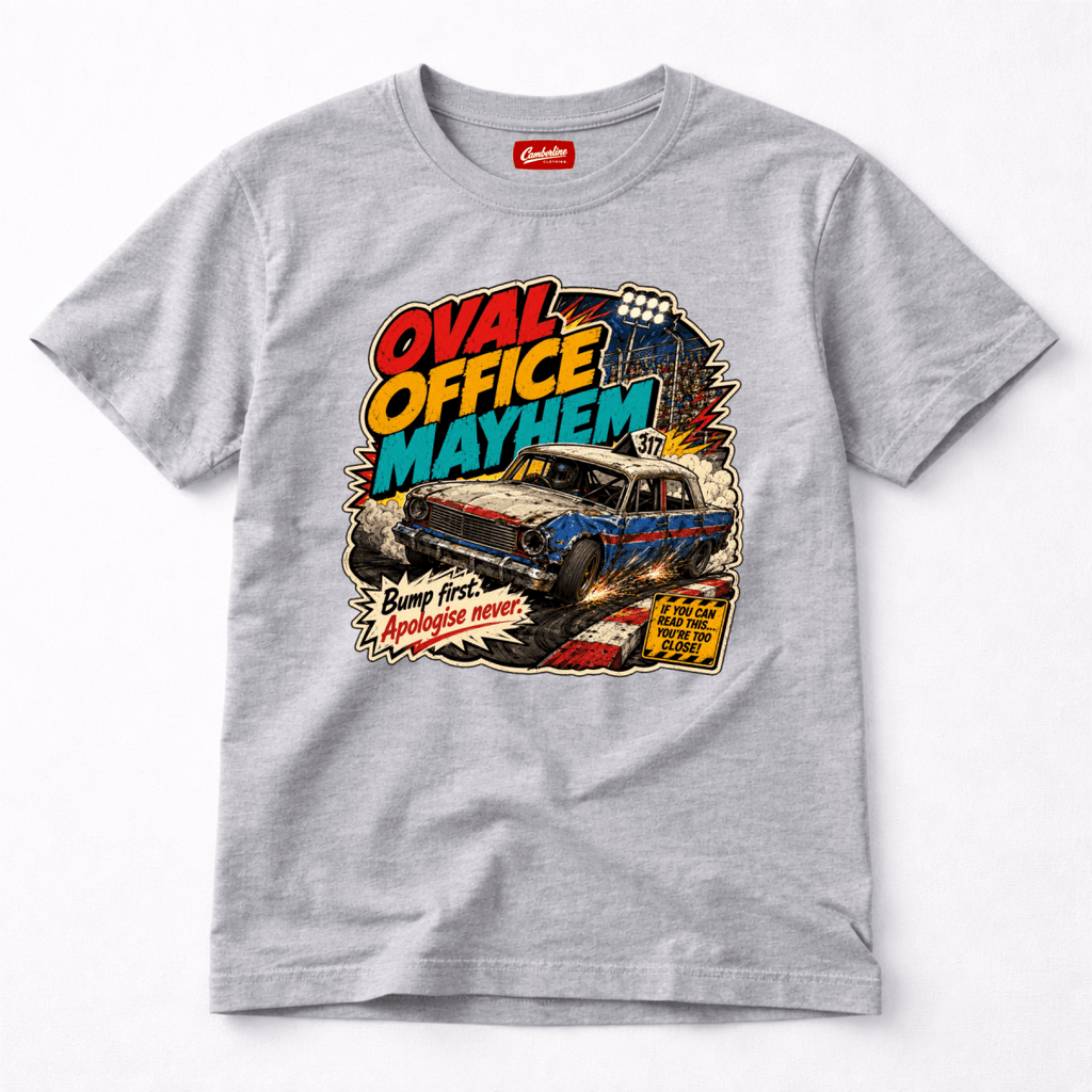 Camberline Oval Office Mayhem Grey t-shirt, front graphic for British oval racing fans