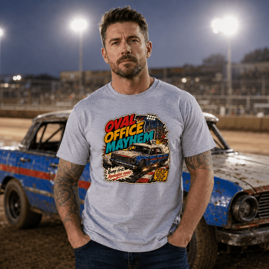 Model wearing Camberline Grey t-shirt showing Oval Office Mayhem British oval racing front graphic