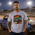 Model wearing Camberline Grey t-shirt showing Oval Office Mayhem British oval racing front graphic