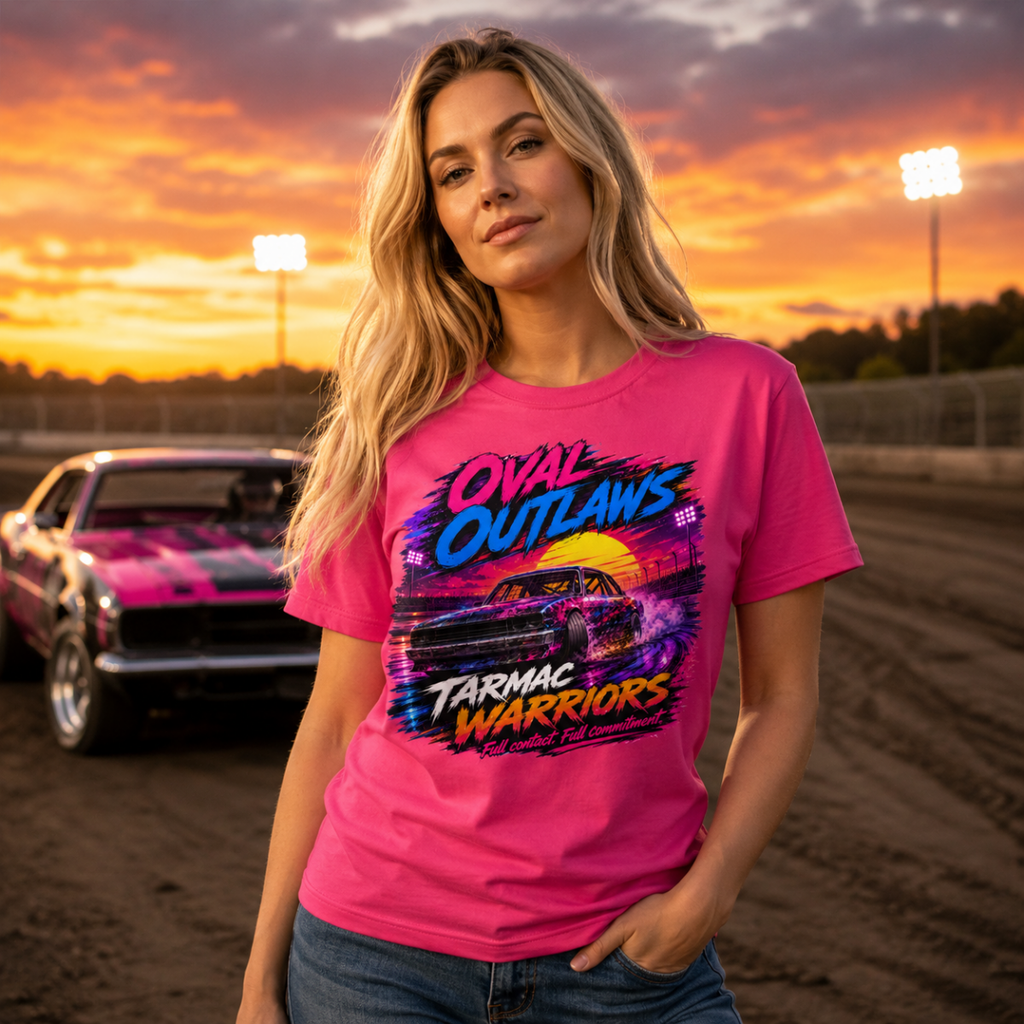 Model wearing Camberline Hot Pink t-shirt showing Oval Outlaws Neon Sunset British oval racing front graphic